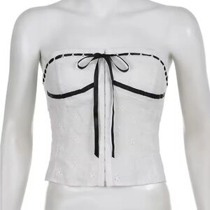 White Strapless Top with Black Ribbon Detail